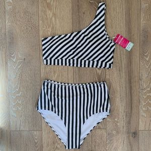 Striped One Shoulder High Waisted Swimsuit